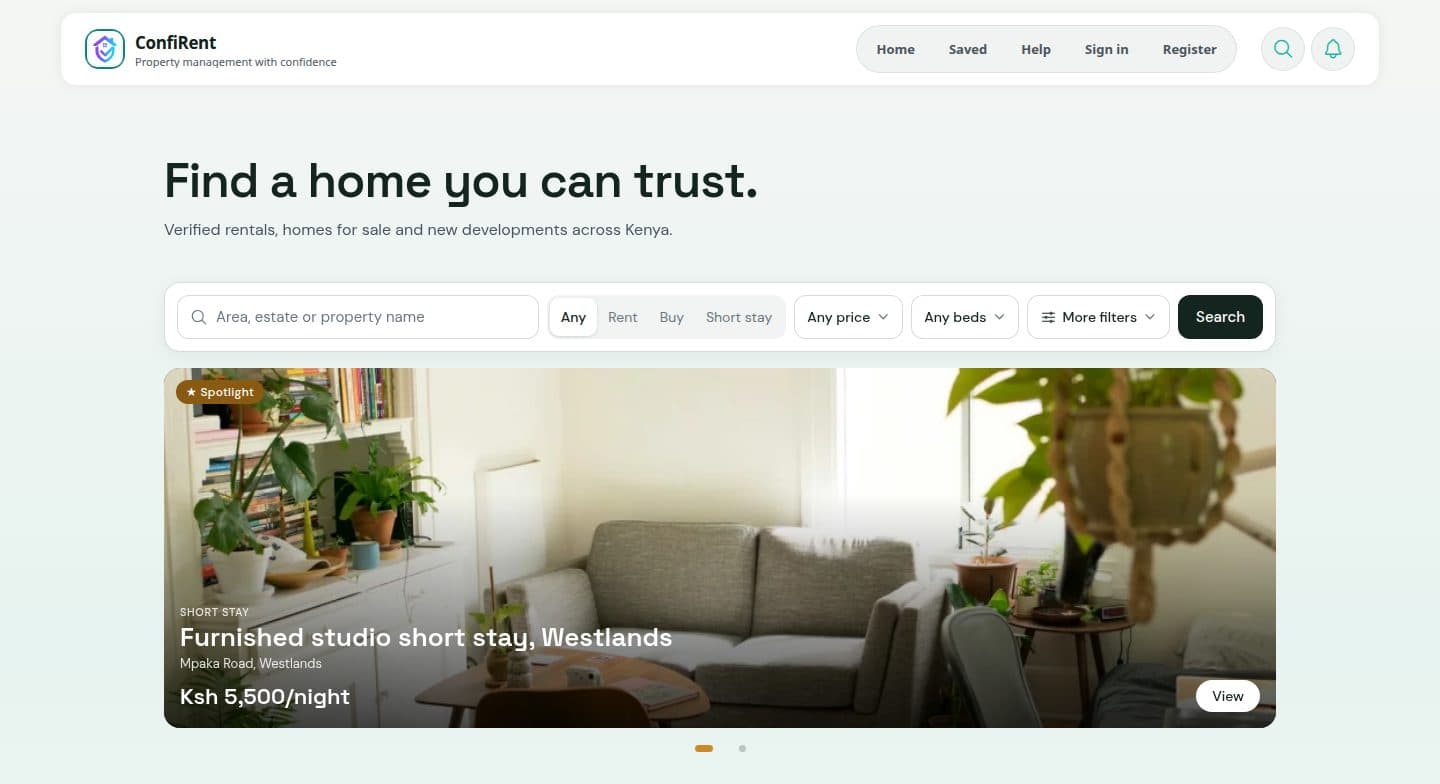 ConfiRent homepage on a desktop, with search and a featured listing