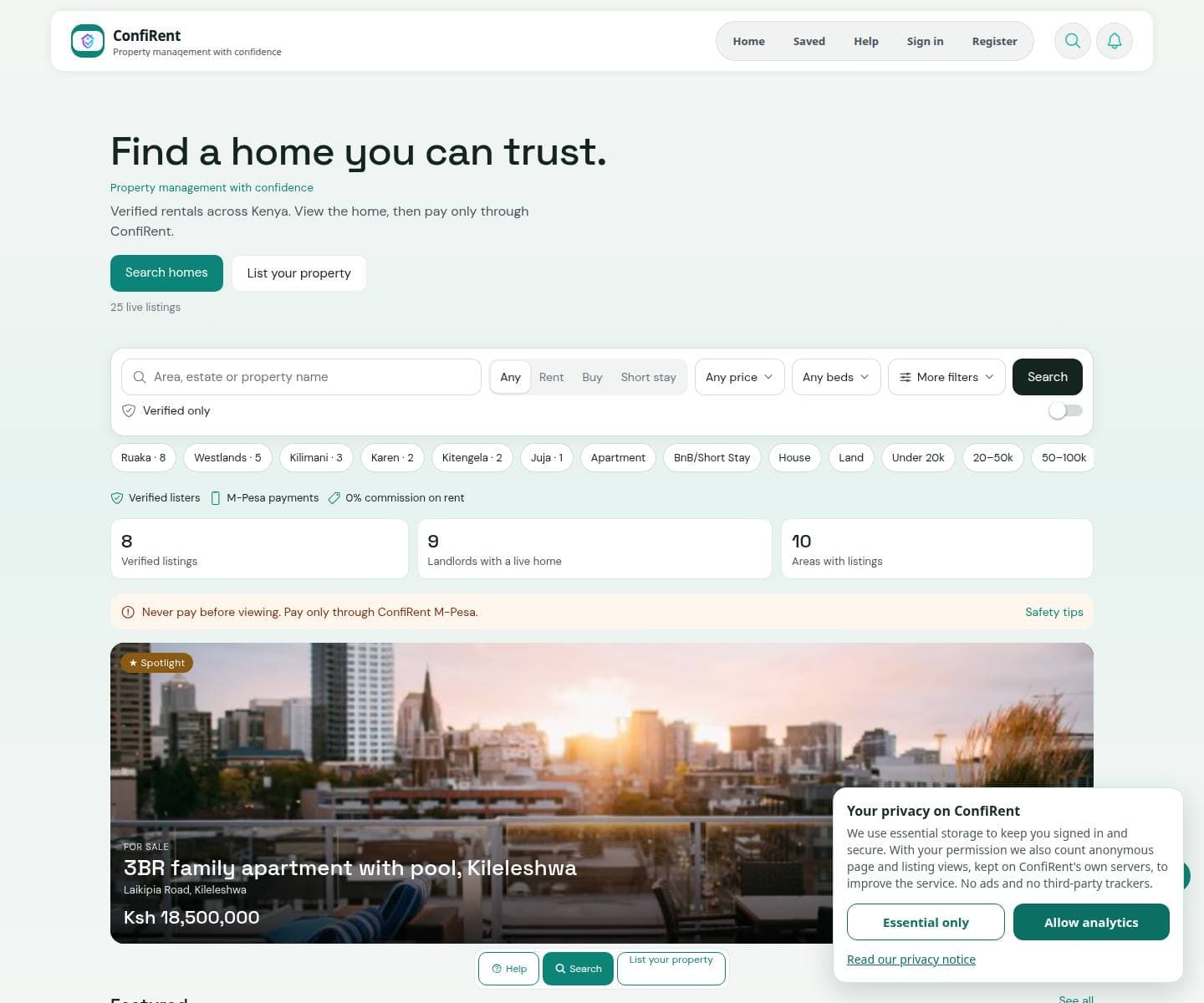 ConfiRent homepage captured from confirent.co.ke, with search for verified rentals in Kenya